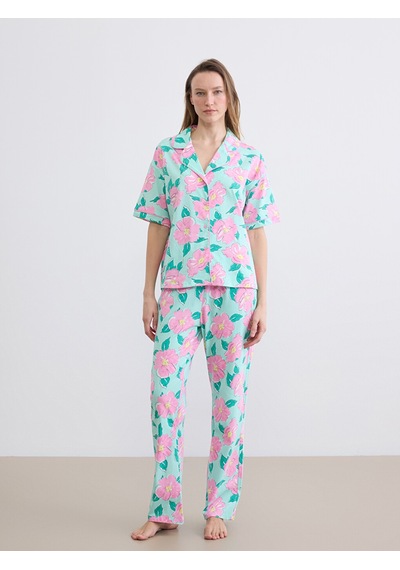 Lcw Dream Turkuaz Gömlek Yaka Çiçekli Kadın Pijama Takımı