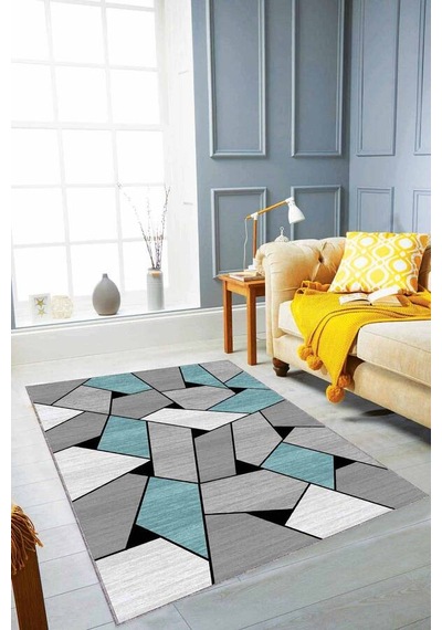 Turkuaz Geometrik Kaymaz Tabanlı Dekoratif Halı Wl03n11