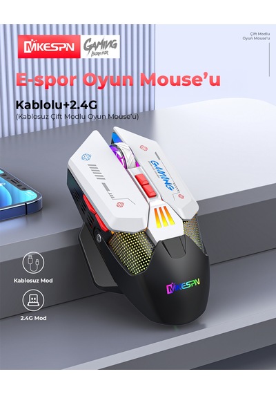 Mkespn W19 Dual Mode Kablosuz Gaming Mouse 10000 Dpı 7 Tuş Makro 1000hz Rgb - Siyah Beyaz