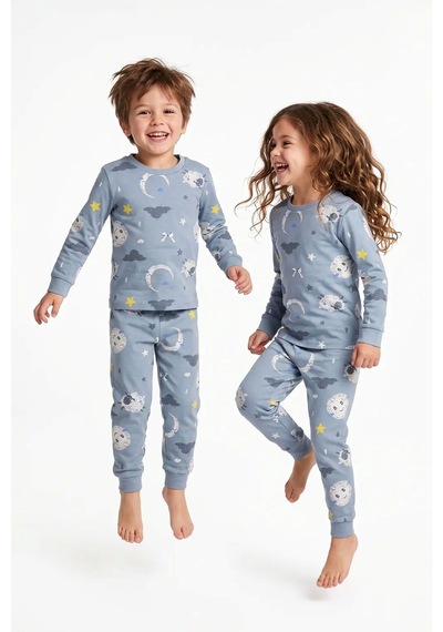 Zuzunga Unisex Mavi Ay Ve Kuzu Desenli Uzun Kollu Pijama Takımı Buz Mavi