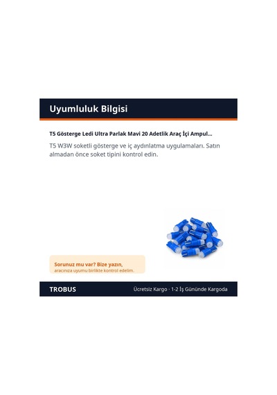 Trobus T5 Gösterge Ledi Ultra Parlak Mavi 20 Adetlik Araç İçi Ampul Seti