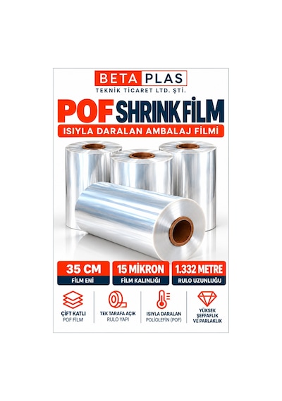 BETAPLAS POF Shrink Film 35 cm x 15 Mikron – 1.332 Metre – Çift Katlı-Isıyla Daralan Ambalaj Filmi