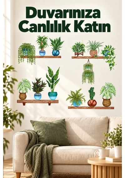 Saksı Ve Çiçek Desenli Yapışkanlı Duvar Sticker Yeşil