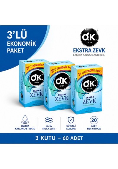 Okey Ekstra Zevk 20 Extra Kayganlaştırıcılı Prezervatif 20 Li 3 Kutu 60 Adet