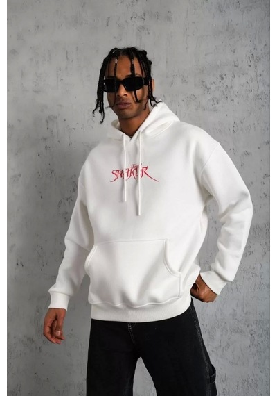 Erkek Baskılı Kapüşonlu Sweatshirt - Beyaz