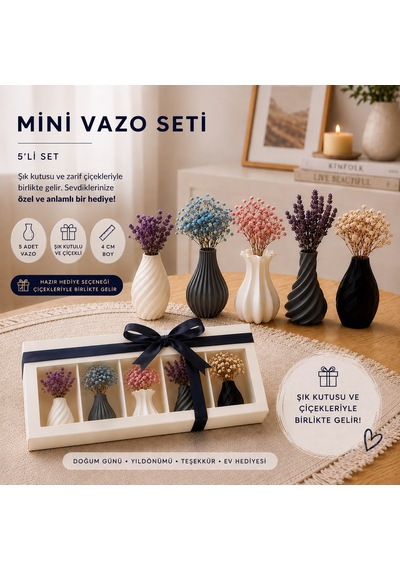 5 Li Mini Dekoratif Vazo Seti Çiçekleri Ve Kutusuyla Beraber Set 0