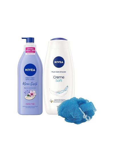 Creme Soft Duş Jeli 500ml Ve Kiraz Çiçeği Nemlendirici Vücut Bakım Losyonu 400ml, Banyo Lifi Hediye Diğer
