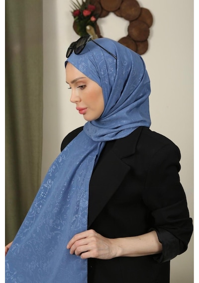 Flora Tekstil Çiçekli Desen İnce Medine İpeği Jakar Şal KOT MAVİSİ