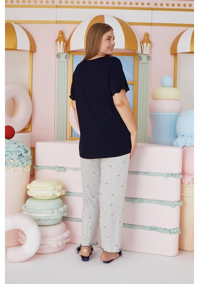 Sevim Kadın Büyük Beden Kısa Kol Lacivert Pijama Takım C1t4n7o51 001