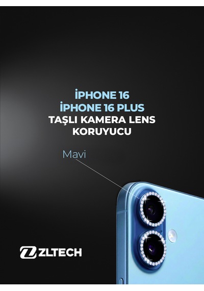 İphone 16/16plus Uyumlu Taşlı Kamera Lens Koruyucu Mavi