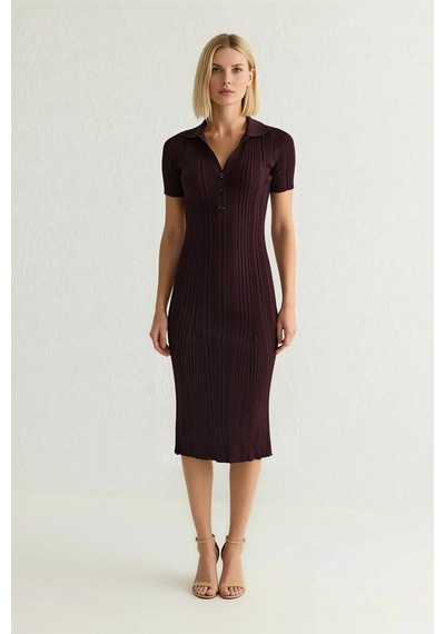 Benerly Kadın Polo Yaka Kısa Kollu Midi Elbise Triko Kumaş Bodycon Kesim Mürdüm