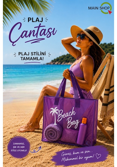 Mainshop Mor Şeffaf Beach Bag Kadın Plaj Çantası Büyük Hacimli M-plj01