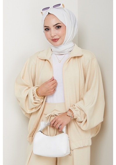 Bestenur Fermuarlı Oversize Takım 1595 - Bej Bej