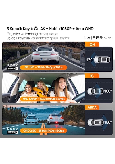 Alpha 1 4k Araç İçi Kamera 3 Kanallı Sony Imx678 Gps + Wi-fi + Park Modu Ön-iç-arka