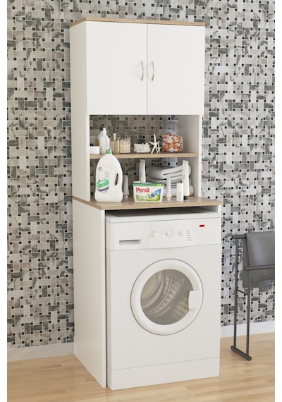 AE-2042 Solo Çamaşır Makinesi Dolabı, Banyo Dolabı, 4 Raflı, Kapaklı, Beyaz Dolap Beyaz