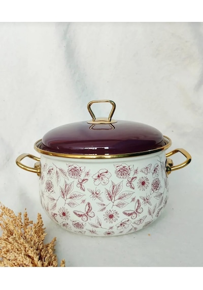 22 Cm Lila Vintage Çiçek Emaye Tencere 3,75 Litre Süt Yoğurt Güveç Tenceresi Lila