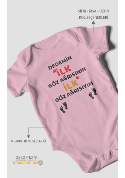 Dedemin İlk Göz Ağrısıyım Baskılı Bebek Zıbını Çıtçıtlı Body %100 Pamuk Kısa Kol Koyu Pembe