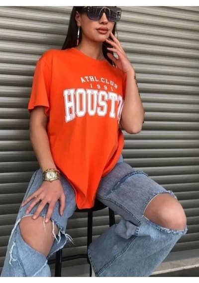 Kozia Outdoors Malkoçbey Houston Baskılı Oversize Unisex Basic T-şihirt Turuncu Turuncu