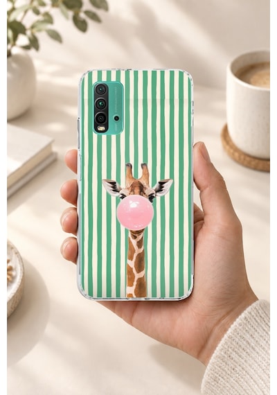 Redmi 9t-poco M3 Uyumlu Yeşil Çizgili Sakız Şişiren Zürafa Baskılı Silikon Kılıf