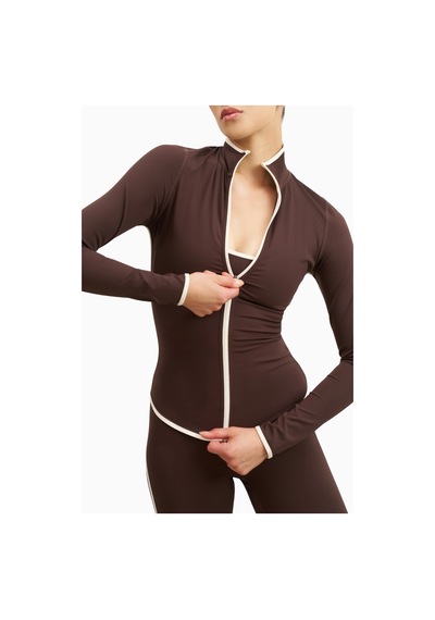 Because Of Alice Base Contrast Trim Zip Up Jacket Şekillendirici Kontrast Detaylı Kadın Ceket Kahverengi
