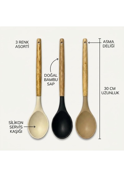 30 Cm Bambu Saplı Silikon Servis Kaşığı, Derin Hazneli Yemek Kaşığı, Makarna Sebze Pilav Ve Günlük Servis İçin Mutfak Kaşığı, Askı Delikli, 3 Renk Asorti Karışık Gönderim