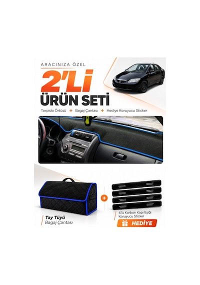 Honda Cıty 2002-2007 Uyumlu Torpido Örtüsü + Tay Tüyü Bagaj Çantası + Sticker Seti - Siyah Mavi