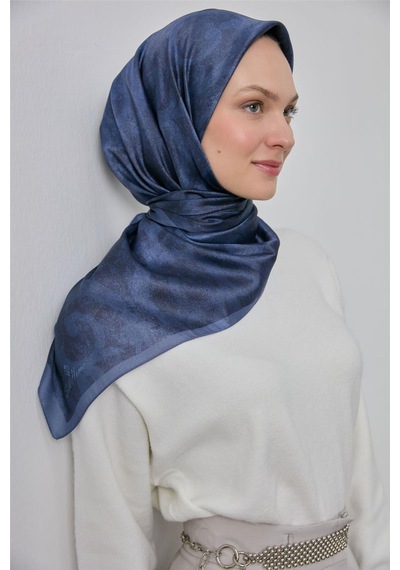 Silk Home Polyester Karışımlı Shiny Eşarp İndigo Etnik Desenli Parlak Dokulu 90x90 Çok Renkli