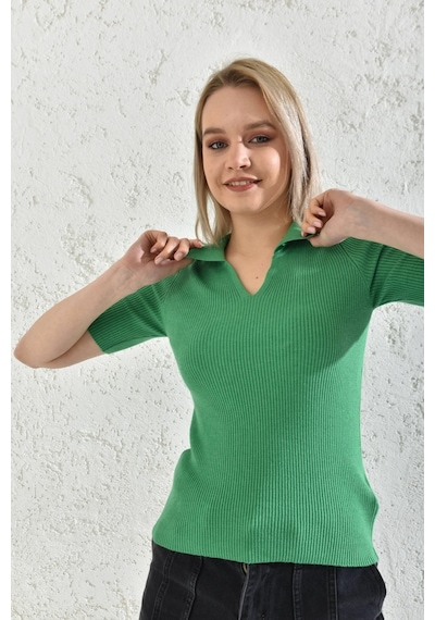 Park Karon Kadın Polo Yaka Kısa Kol Basic Triko Bluz B.Yeşil