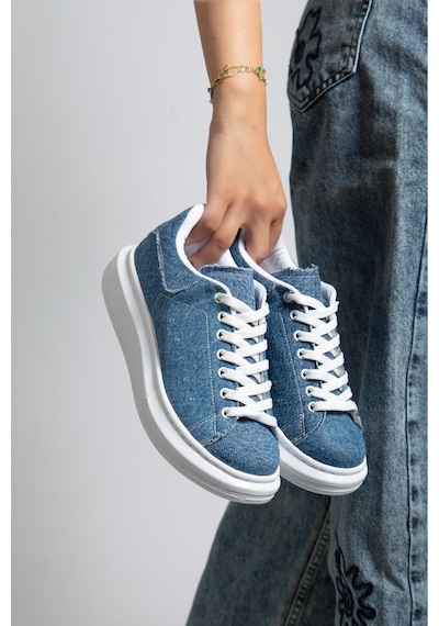 Erceka Günlük Sneaker Kadın Spor Ayakkabı Bağcıklı Beyaz-siyah-mavi-gümüş-gold-sarı Mavi Kot