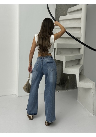 Kadın Zincir Kemer İşlemli Bol Paça Jeans Taş