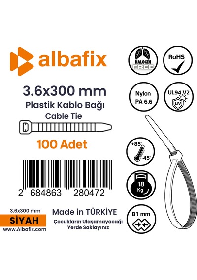 3.6x300 Mm Siyah Plastik Kablo Bağı Klipsi Cırt Kelepçe 100 Adet