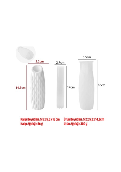 Uzun Dalgalı Desenli Dekoratif Vazo Yapım Kalıbı Beton, Alçı Ve Reçine Dökümüne Uygun, İç Boşluk Aparatlı, Tekrar Kullanılabilir Hobi Kalıbı