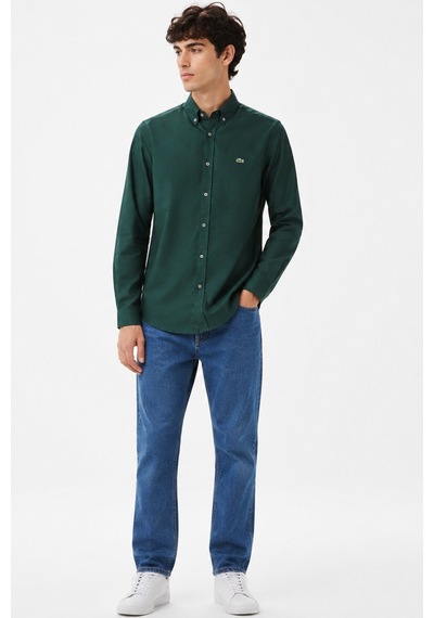 Lacoste Mens Slim Fit Green Shirt Dar Kesim Pamuklu Erkek Gömlek Yeşil