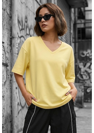 Zey Oversize V Yaka Basic Kadın Tişört - Düşük Omuzlu Salaş Kesim Sari