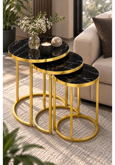 Sulorahome Siyah Mermer Desenli Gold Metal Ayaklı 3'lü Zigon Sehpa Takımı Altın - Siyah