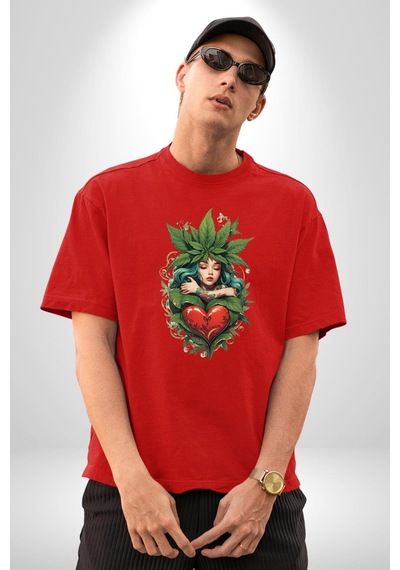 Kalp Parmak Kız Yeşillik Mutluluk Pamuklu Bisiklet Yaka Unisex Oversize Boyfriend Dijital Baskılı Kırmızı T-shirt Kırmızı