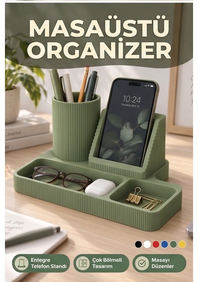 Masaüstü Organizer Telefon Standı Kalemlik Çok Amaçlı Masa Düzenleyici Yeşil
