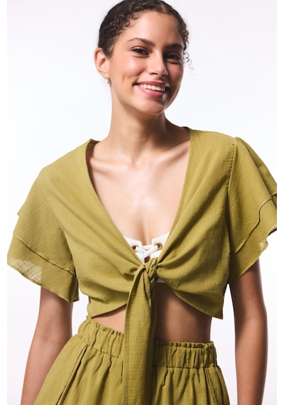 Penti Yağ Yeşili Peek Bağlama Detaylı Crop Top Üst