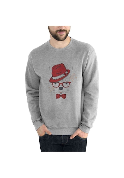 Kırmızı Şapkalı Gözlüklü Papyonlu Köpek Baskılı Gri Erkek Sweat (530943768)