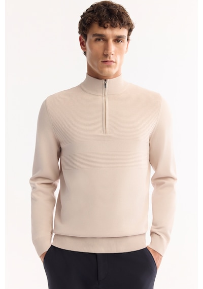 Avva Erkek Bej Dik Yaka Fermuarlı Rayon Tüylenmeyen Triko Regular Fit Kazak A52y5021