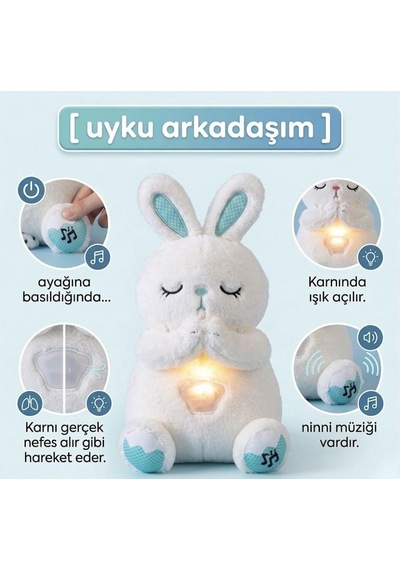 Nefes Alan Işıklı Müzikli Uyku Arkadaşı Tavşan 30 Cm Ninni Söyleyen Göğsü Hareketli Uyku Oyuncağı Çok Renkli