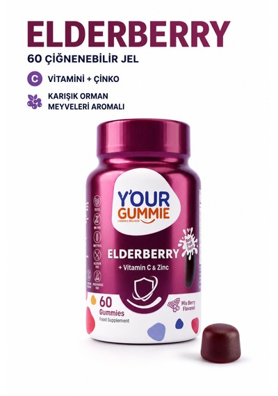 Y'our Gummie Elderberry Kara Mürver C Vitamini ve Çinko 60 Çiğnenebilir Jel