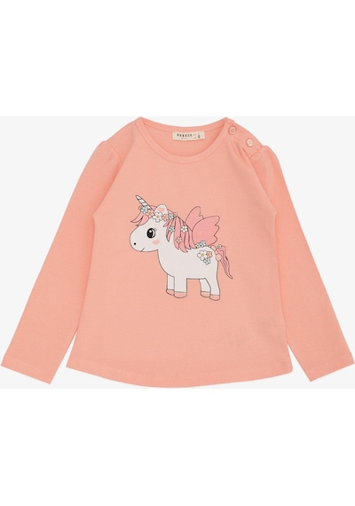 Breeze Kız Çocuk Uzun Kollu Tişört Unicorn Baskılı 1-4 Yaş, Somon-somon Somon