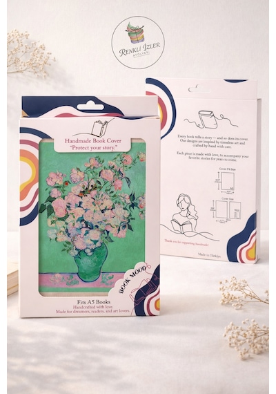 Kitap Kılıfı Ve Metal Kitap Ayracı Seti Van Gogh Pembe Güllü Vazo