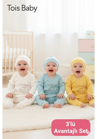 Tois Baby 3 Lü Avantajlı Set Hediyelik Organik Hastane Çıkışı Bebek Takımı 0-3 Ay Beyaz, Mavi, Sarı