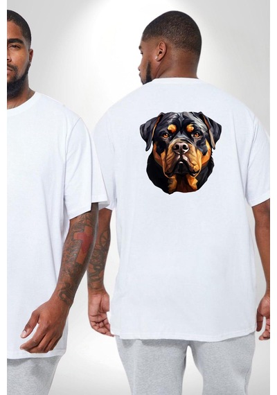 Angemiel Rottweiler Kafası Büyük Beden Beyaz Tişört Kadın Erkek Ünisex Sırt Baskılı Beyaz