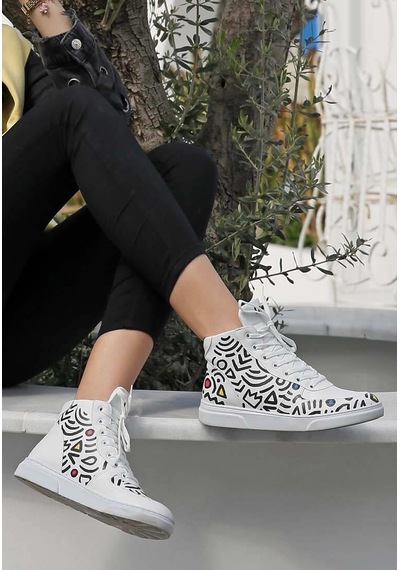 Kadın Vegan Deri Beyaz High Sneakers - Abstract Outline White Tasarım Çok Renkli