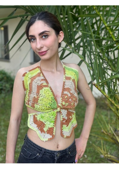 Gönülden Tasarım El Örgüsü Kelebek Büstiyer Crop Standart Beden Yeşil