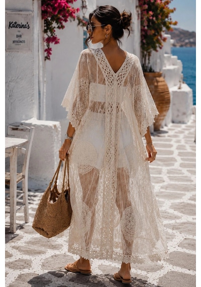 Asprinfashion Kadın İthal Dantel Pareo Kimono Plaj Elbisesi Ekru Bohem Yazlık Kaftan