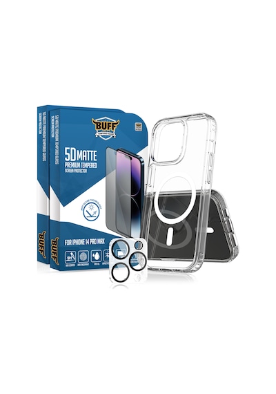 Buff Apple iPhone Uyumlu  14 Pro Max - 2x5d Ekran Koruyucu + Magsafe Kılıf + Lens Koruyucu Matte Mat